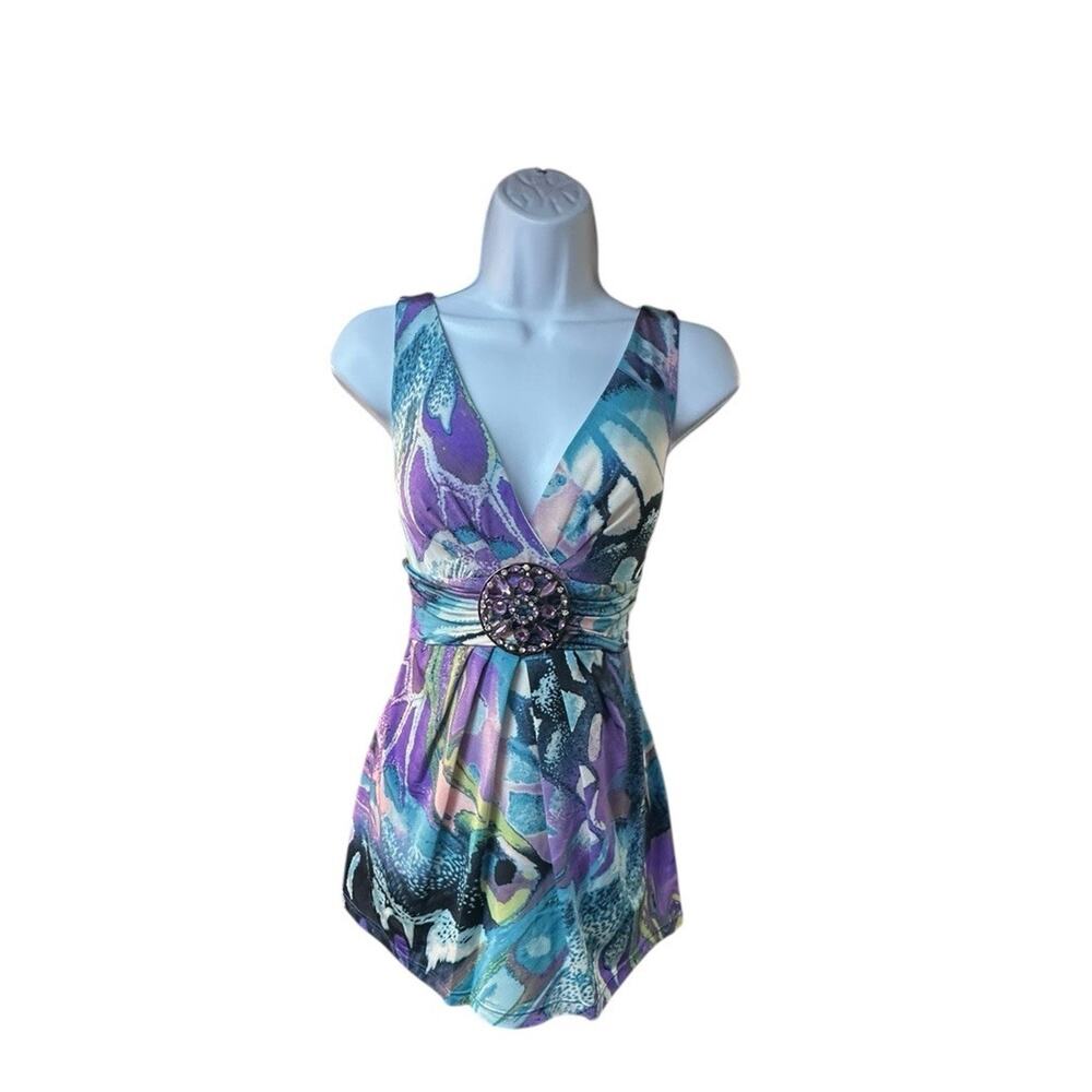 Cache Surplice Empire Waist Tank Top Jeweled Buckle Abstract Print Purple Blue L